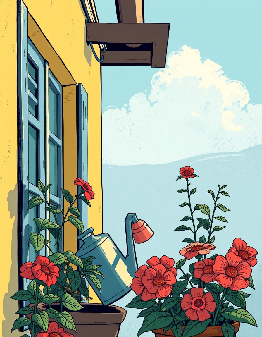 Florence watering flowers on her balcony